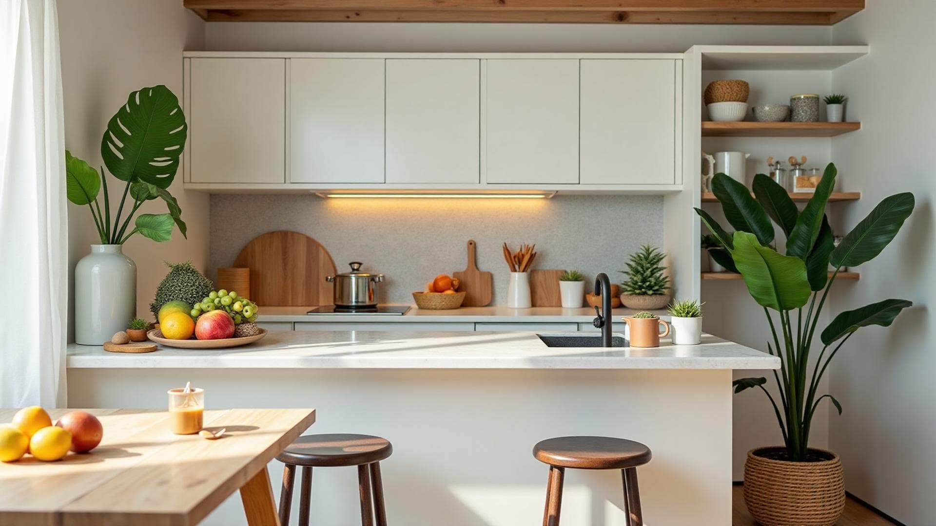 Kitchen counter with fresh groceries, vegetables, fruits and cooking ingredients ready for guests